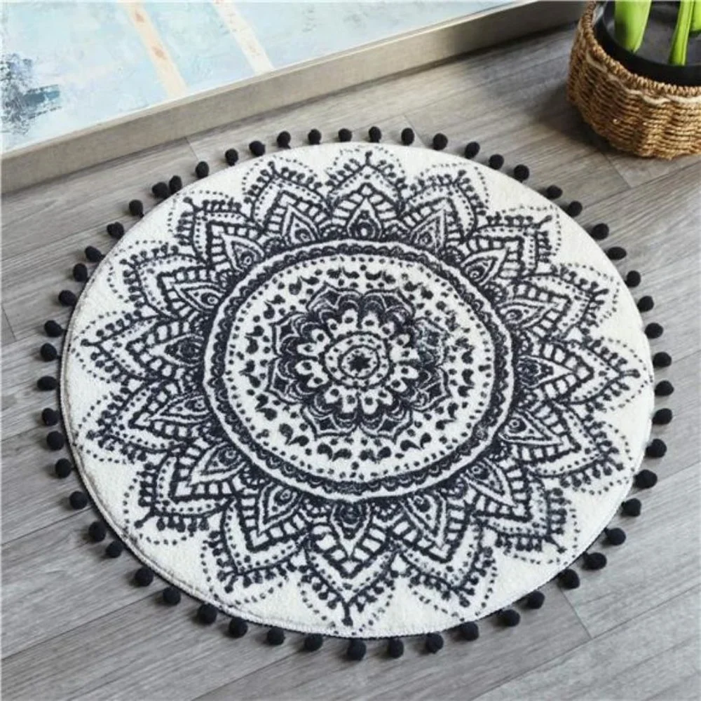 Small Round Rug 2’ Boho Beige and Black Bathroom Rug with Pom Poms Fringe